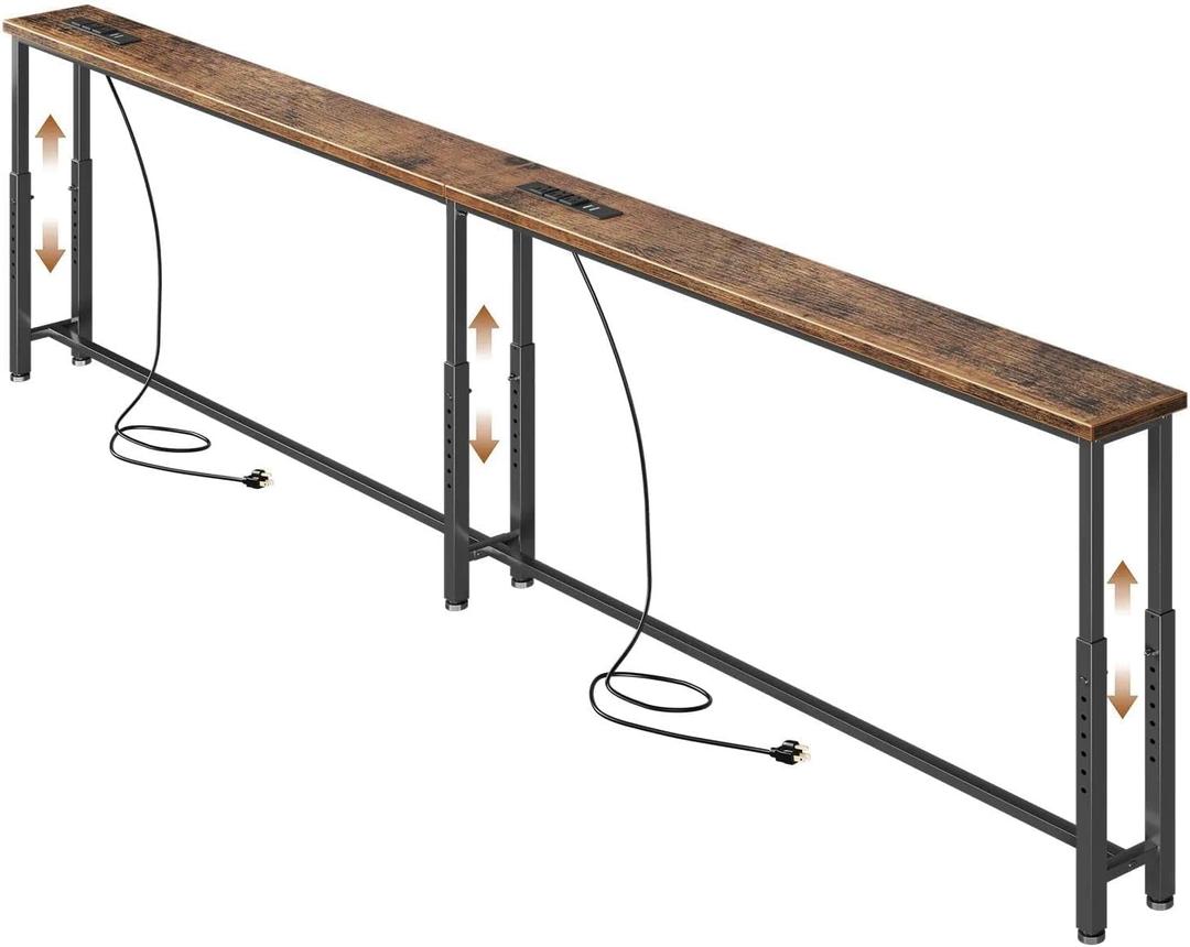 78.7 Narrow Console Table with 26"34" Height Adjustable, Behind Couch Table Skinny with 2 Power Outlets and USB Ports, Long Sofa Tables for Living Room and Small Spaces, Rustic Brown