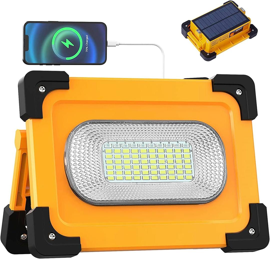 35W Solar LED Work Light with Solar Panel, 3 Modes Rechargeable LED Floodlight USB Power Bank, Waterproof Portable Outdoor Security Lights for Car Repair Emergency Camping Hiking