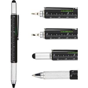 DUNBONG Metal Multi tool Pen 6-in-1 Stylus Pen - With Screwdriver, Ballpoint Pen Black ink, Stylus pen, Level and Ruler, 1-Count (Black)