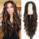 NAYOO 26 Inch Long Curly Middle Part Synthetic Heat Resistant Fiber Wig for Women - Daily Use Party Wig in Dark Brown (Dark Brown Mixed Chestnut)