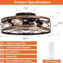 SHLUCE Small Fandelier Caged Ceiling Fan with Light, Farmhouse Low Profile Flush Mount Ceiling Fans with Lights and Remote, Rustic Bladeless Ceiling Fan with Light for Kitchen, Bedroom, Living Room