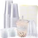 50 Sets Clear Plastic Cups With Flat Lids,16oz Disposable Iced Coffee Cups with Straws and Stickers,Plastic Cups for Iced Coffee,Cold Drinks,Juice, Bubble Boba Tea,Smoothie, Milkshake, 200 Piece Set