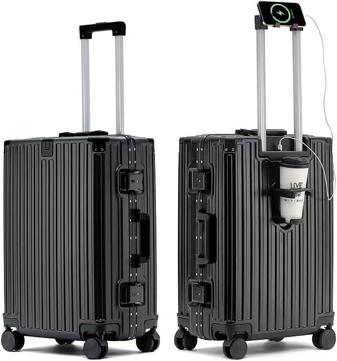 FOXHOLE 20" Upgraded Hard Shell Suitcases Aluminum Frame Carry On Luggage with Spinner Wheels Cup Holder and USB Port Black