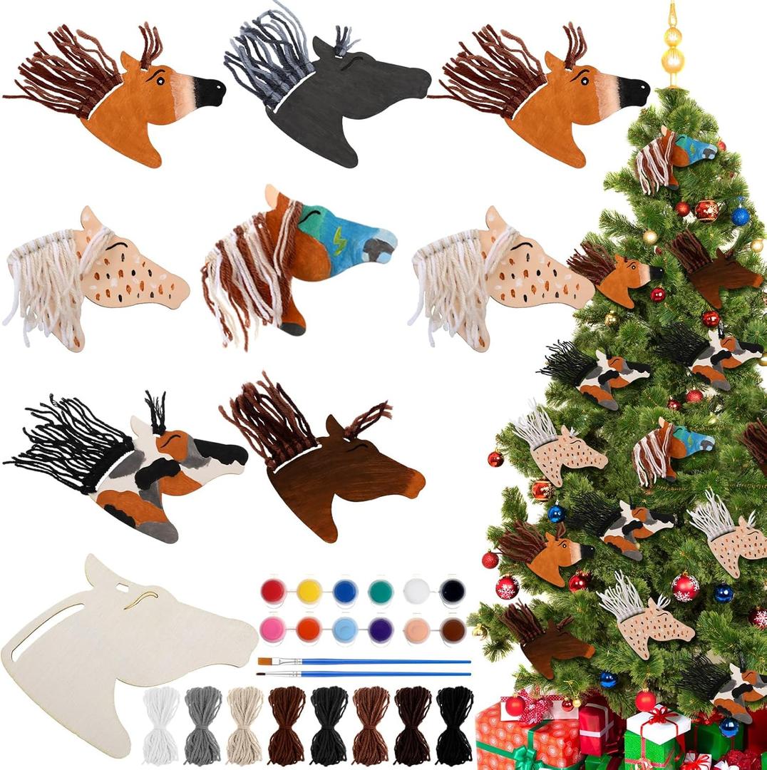 Geelin 24 Pcs Christmas Wooden Horse Craft Western Ornament Unfinished Wooden Cutouts Horse Painting Kit Unicorn Ornament DIY Cowboy Craft Paint Your Own Art for Christmas Party Favors(Classic)