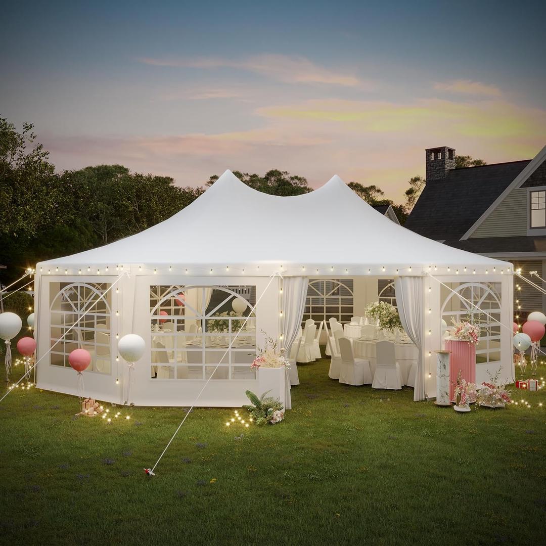 EROMMY 29x23ft Party Tent, White Wedding Dodecagonal Heavy Duty Canopy with Removable Sidewalls, 10 Church Windows and 2 Pull-Back Doors, Outdoor Gazebo Pavilion Shelter for Party, Event