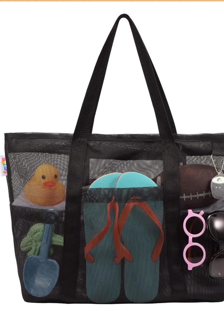 Tagitary Mesh Beach Bag with Zipper Large Beach Tote Waterproof Sand proof with 8 Pockets for Toys Pool Bag Beach