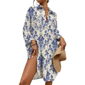 Bsubseach Womens Modern Swimsuit Cover Up Blouse Button Down Shirt Dresses Tops (Medium, Retro Blue)