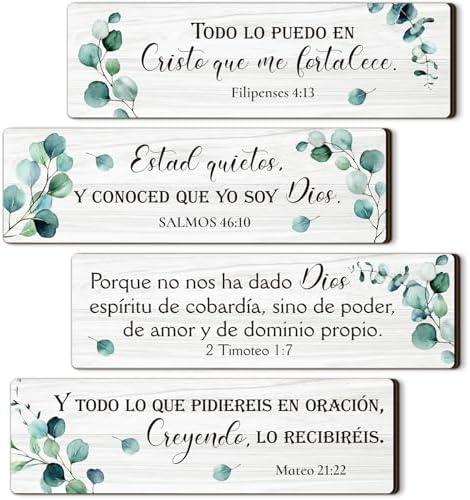 Yousoontic 4 Pieces Spanish Bible Verses Wall Decor Christian Spanish Wood Plaque Hanging Sign Religious Wall Decor Bible Verses Art for Home Office Farmhouse Kitchen(Fresh Style)
