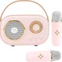 Mini Karaoke Machine for Kids, Portable Bluetooth Speaker with 2 Wireless Microphone, Toys for Girls Boys Gifts, Retro Speaker Set Stereo Sound Enhanced Bass for Home Party Birthday (Pink)