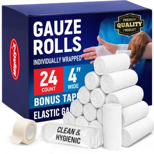 24 Gauze Rolls - 4" x 4.1yd - Soft and Breathable Rolled Gauze - Latex-Free Premium Individually Wrapped Bandages with Bonus Tape - First Aid Conforming Stretch Wrap for Wound Care - Vet Wrap