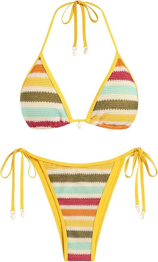 ZAFUL Women's Colorblock Stripes Triangle Halter Tied Cheeky Thong Bikini Set High Cut Two Piece Bathing Suit M