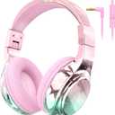 QearFun Kids Headphones Wired with Mic, 85/94dB Safe Volume Limit, Foldable Over Ear, Tangle-Free Cord & Sharing Port, Wired On-Ear Headset for School, Chromebook, Tablet, Travel - Boys & Girls (Pink aurora)