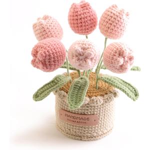 Hand Crocheted Tulip Potted Plants, Home Central Decorative Tables, Shelves, and Creative DIY for Christmas, Thanksgiving, Birthdays and Housewarming (Pink)