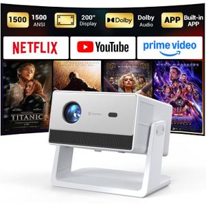 Mini Smart Projector, Portable Projector with WiFi and Bluetooth, HAPPRUN 4K Full HD Home Theater with 270 Stand, Dolby Sound, Built-in Apps,Compatible with Phone & PC, Indoor & Outdoor Use