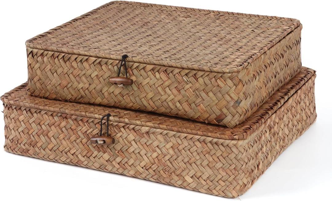 Moosky Flat Wicker Shelf Baskets with Lid, Handwoven Seagrass Basket Boxes for Storage Baskets Bins Home Decor Organizer (Coffee Set of 2)