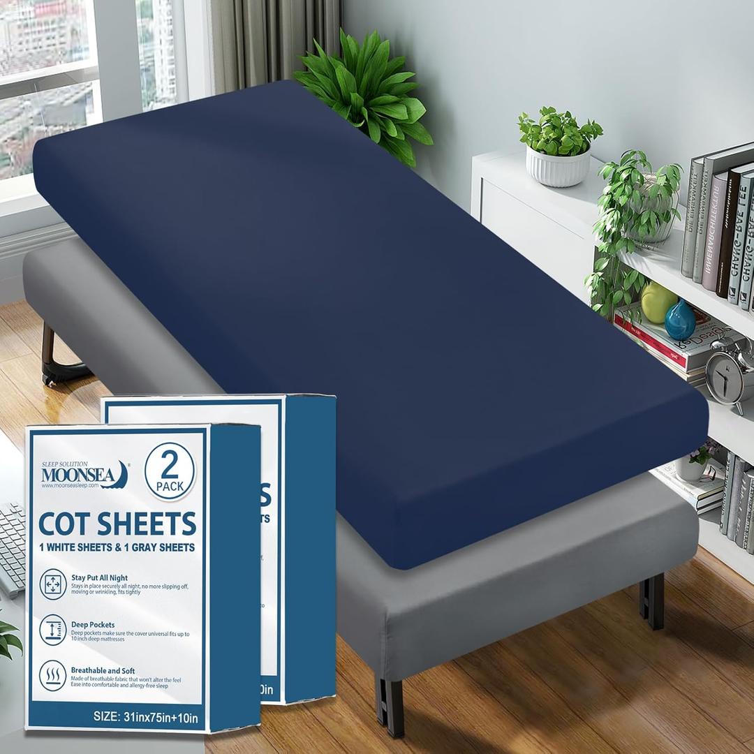 Cot Sheet 31" x 75"(2 Pack), Cot Fitted Sheet Ultra Soft and Breathable Snug Fit for Narrow Twin Mattress/Camp Bunk Beds/RVs Bunk/Guest Beds/Army Cots/Trifold Mattress Navy and Grey, Sheet Only (Small Single)