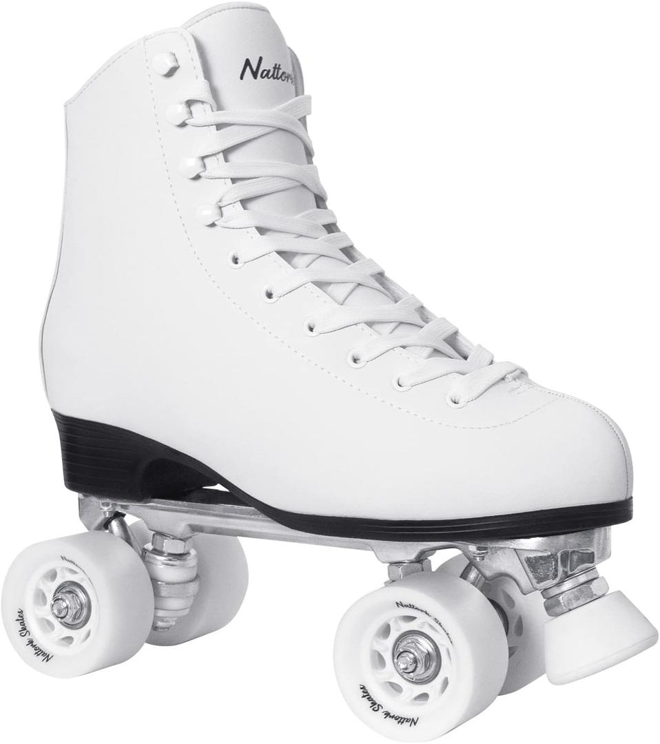 Nattork Roller Skates for Women, PU Leather High-top Quad Skates for Beginner, Indoor Outdoor 4 Wheels Double-Row Skates for Adults, White, Women's 7/ Men's 6