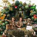 Dinosaur Birthday Decorations with Hunter Green Brown balloon arch & small T-Rex Foil balloons & backdrop Sign & Artificial Palm Leaves for Boys Jungle Safari Dino ROAR Party Supplies (Green Brown)