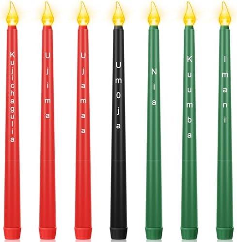 Riakrum 7 Pieces Kwanzaa Candles Set Kwanzaa Flameless Taper Candles Battery Operated for Church Celebration Decoration(10.83 Inches,Words)