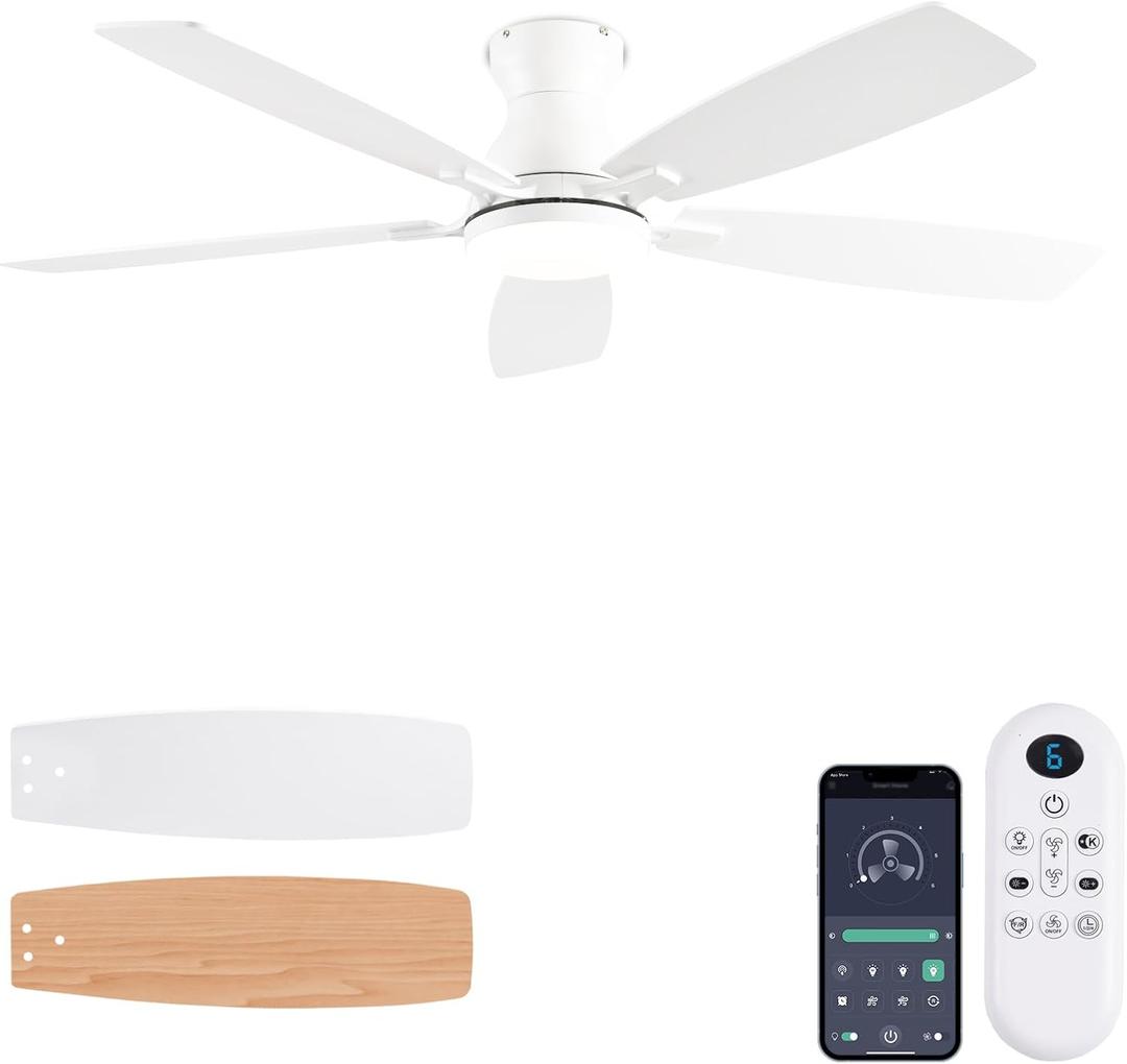 Ceiling Fans with Lights, 52 Inch Low Profile Ceiling Fan with Light and Remote Control, Flush Mount, DC Reversible Motor, Noiseless, White 6 Speeds Ceiling Fan for Bedroom