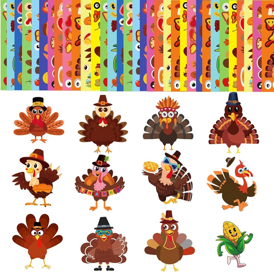 36 Sheets Large Size Thanksgiving Make-A-Turkey Stickers,DIY Thanksgiving Crafts,Turkey Crafts,Turkey Games for Family,Party Decorations Gifts Activities