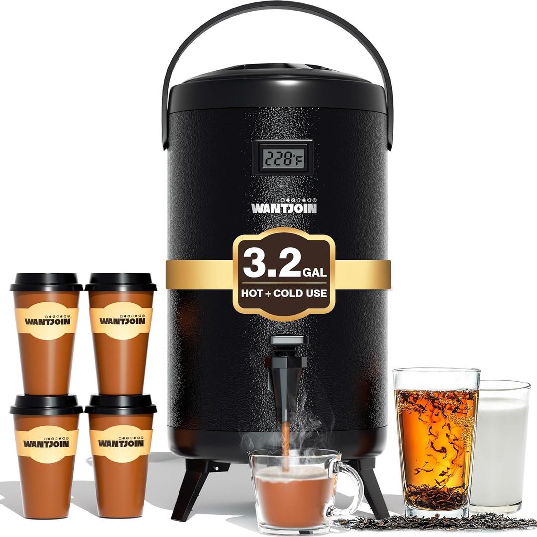 WantJoin Insulated Beverage Dispenser - Thermal 12L/3.2Gal Stainless Steel Hot & Cold Drink Dispenser with Spigot for Tea, Coffee, Milk, Water & Juice (Black) (1 Pack)