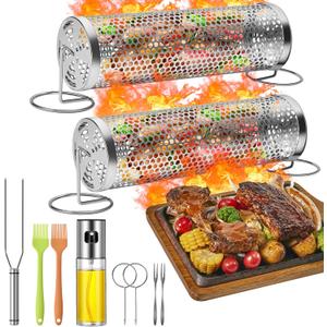 Rolling Grilling Baskets for Outdoor Grill BBQ Net Tube Stainless Steel Large Round Mesh Rotation Barbecue Cylinder Cage Cooking Accessories for Veggies Vegetable Fish Meat Food Camping