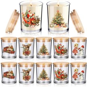 Ziliny 10 Pcs Vintage Christmas Glass Candle Jars Empty Containers Bulk 7 oz Glass Jars with Cork Lids Tins for Christmas Holiday Candle Making Storing Biscuits Tea Party Favors