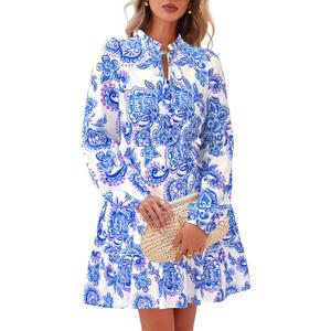 BTFBM Women Fall Dresses 2026 Floral V Neck Long Sleeve Tiered Ruffle Boho Swing Flowy A-Line Mini Dresses Vacation,LArge