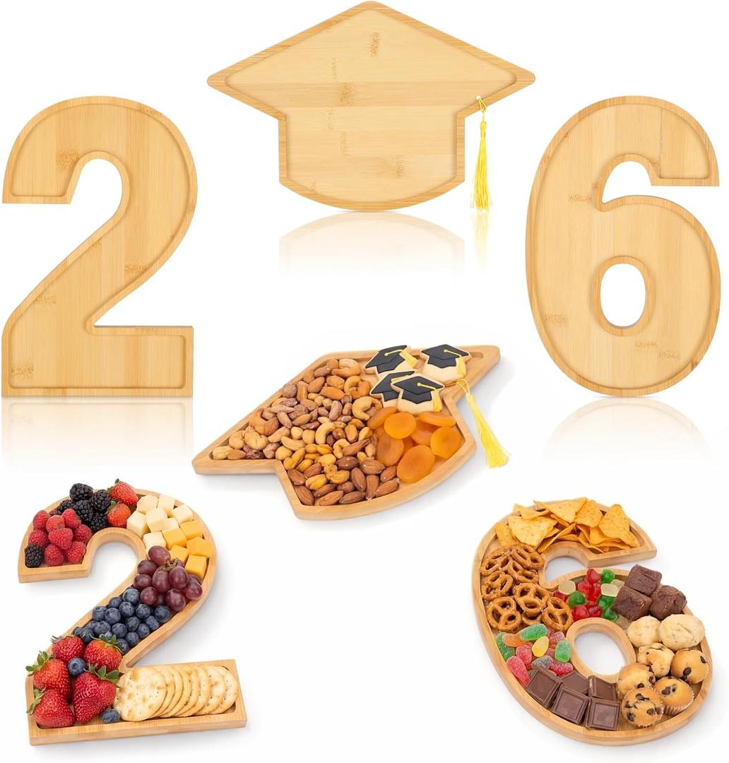 SiliFine 3 Pcs 26 Letter Graduation Cap Charcuterie Boards 11.8'' Wooden 2026 Graduation Fillable Letters Box Reusable Alphabet Food Serving Tray Platter for Candy Graduate Party Decoration Gifts