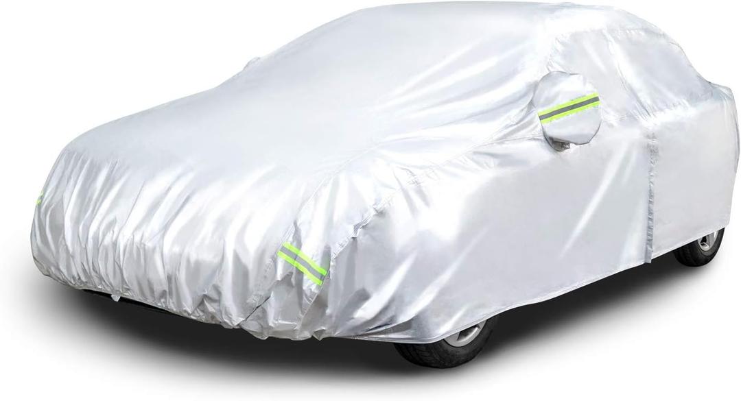 Amazon Basics Silver Weatherproof Car Cover, 150D Oxford, UV Protection, Snow Protection, Dustproof for Sedans up to 200", with Door Zipper