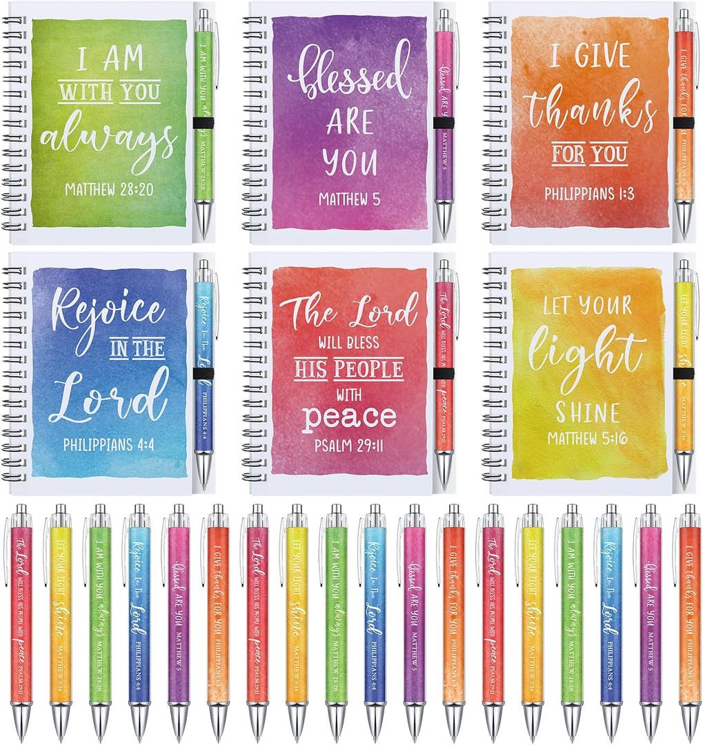 Sabary 24 Set Christian Notebook Bulk with Pens Watercolor Bible Verse Journals and Ballpoint Pen Spiral Notebook Set Religious Notepad for Church Women Inspirational Gifts Religious Party Favors
