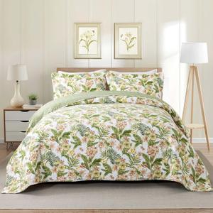 NEWLAKE Cotton Bedspread Quilt Sets - Reversible Patchwork Coverlet Set, Green/Pink Floral Pattern, Queen Size