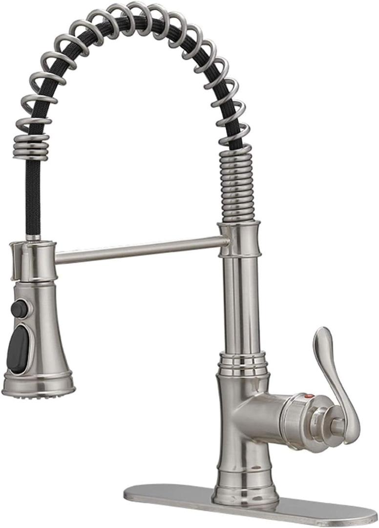 BWE Kitchen Sink Faucet with Deck Plate Single Handle Lever with Pull Down Sprayer Spring 3 Function Kitchen Faucet High Arc Farmhouse Commercial Bar Kitchen Faucets Brushed Nickel