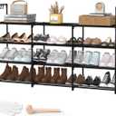 3 Row 4 Tier Long Shoe Rack, Black Metal Stackable Shoe Shelf with Multifunctional Hooks, Shoe Storage Hold 24-30 Pairs, Space Saving Shoe Organizer for Closet,Wide Shoe Rack