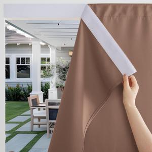 RYB HOME Windproof Outdoor Curtains for Patio Waterproof with Adhesive Top Back Tab Bottom,No Drill Sun Blocking Outside Curtains with Rope for Gazebo Porch Pergola, Mocha, W 52 x L 108, 2 Panels