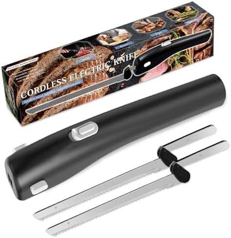 Pratuor Cordless Electric Knife -with 2 Versatile Blades, Rechargeable Bread & Meat Carving Knife with Safety Lock, Ergonomic Handle, for Steak, Fish, Cheese and More (Grey Button)