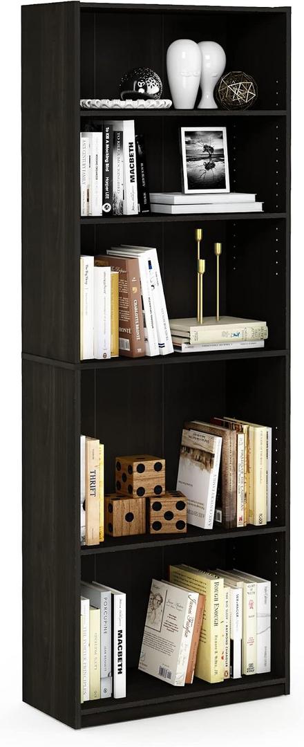 Furinno JAYA Book Shelf, 5-Tier Bookshelf, Bookcase with Adjustable Shelves, 9.5" x 24.5" x 71.2", for Organization and Storage, for Living Room, Bedroom, Home Office, Espresso