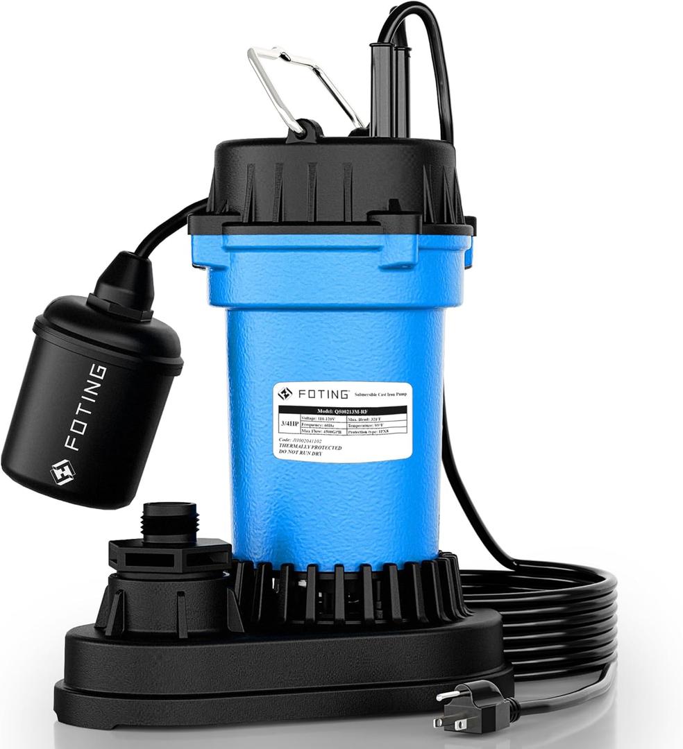 FOTING 3/4HP Submersible Sump Pump,4500 GPH Cast Iron Sewage/Effluent Pump,Automatic Tethered Float Switch,Septic Pump for Basement,Septic Tank,Basin,Sewage Well,Sewage System,1-1/2" NPT Discharge