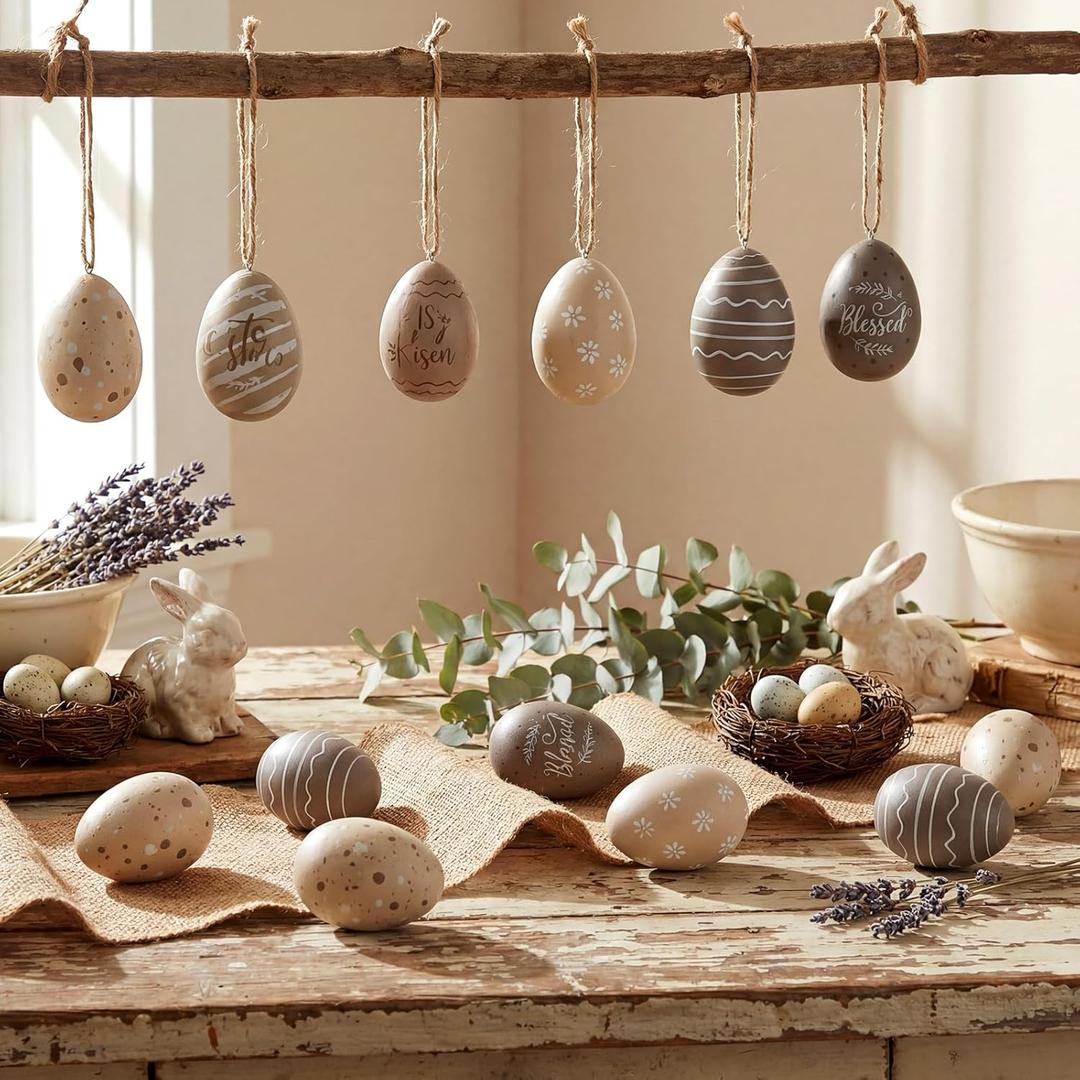 Canlierr 36 Pcs Easter Egg Ornaments for Tree 2.4" Plastic Neutral Hanging Decoration Rustic Beige Brown Stripe Eggs Mini Retro Pendant Decor for Spring Basket Holiday Plate Vase Filling Supplies