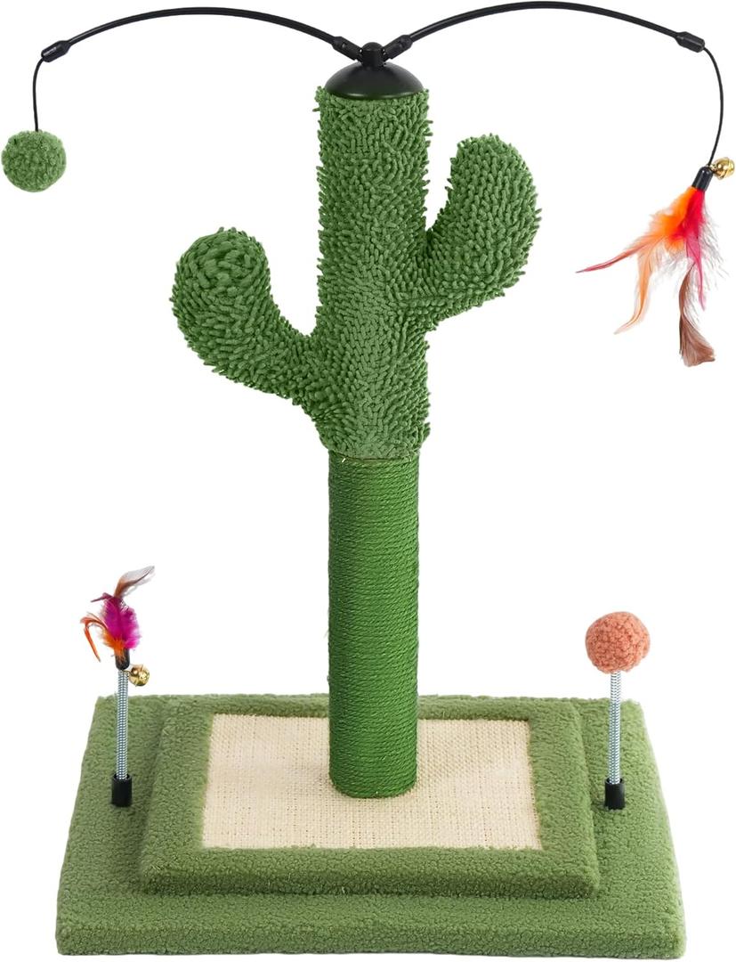 YUNIQUE Cactus Cat Scratching Post with Sisal Rope, Small Cat Tree with Dangling Balls & Feather for Kittens (Green, 22.8'')