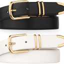 Monoluxe Pack 2 Women Belts for Ladies Jeans Pants with Fashion Faux Leather Gold Buckle (Black&white)