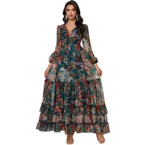 Womens Summer Dresses,Floral Patterns Vintage Elegant Cocktail Long Sleeve Boho Casual Maxi Wedding Guest Dresses for Women, X-Large