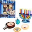 Rite Lite My Mini Wood Menorah Deluxe Set with Removable Wood Candles with Jelly Doughnut, Dreidel, Pan, Latke, Gelt Coin Decor Hanukkah Gifts Decorations Centerpiece Jewish Holiday Party Favors