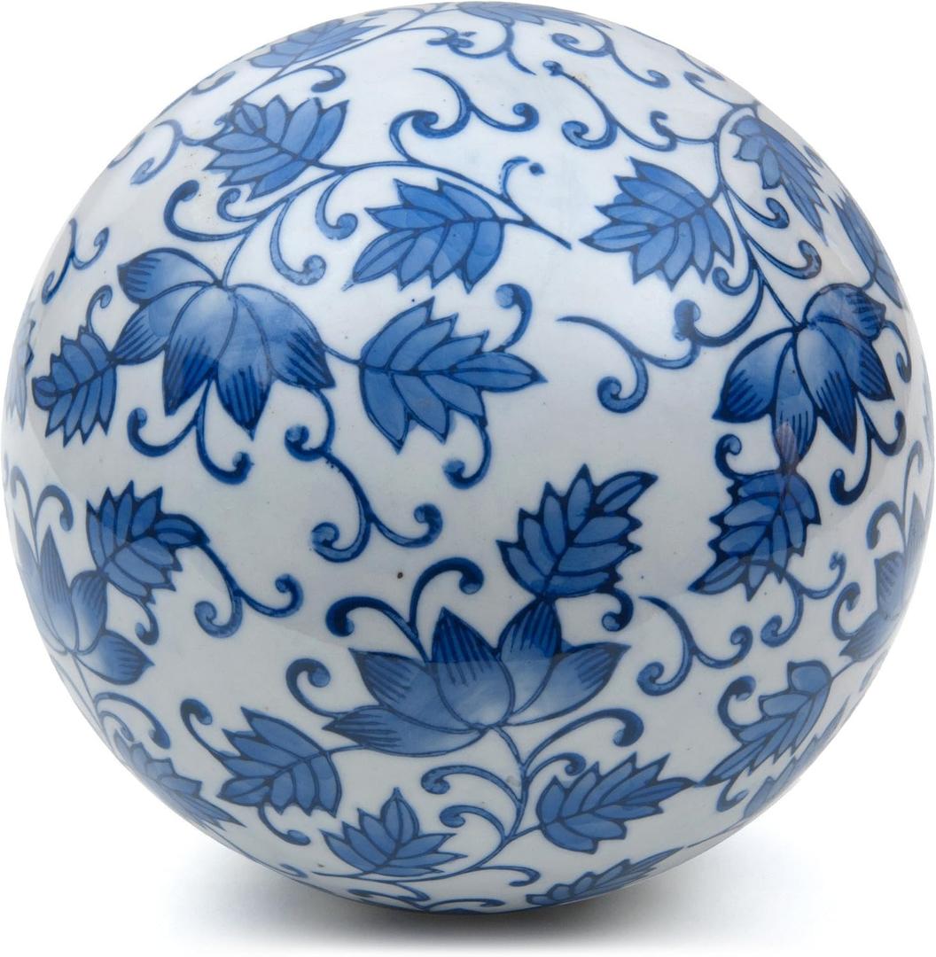 Red Lantern 6" Large Decorative Porcelain Ball, Blue Leaves
