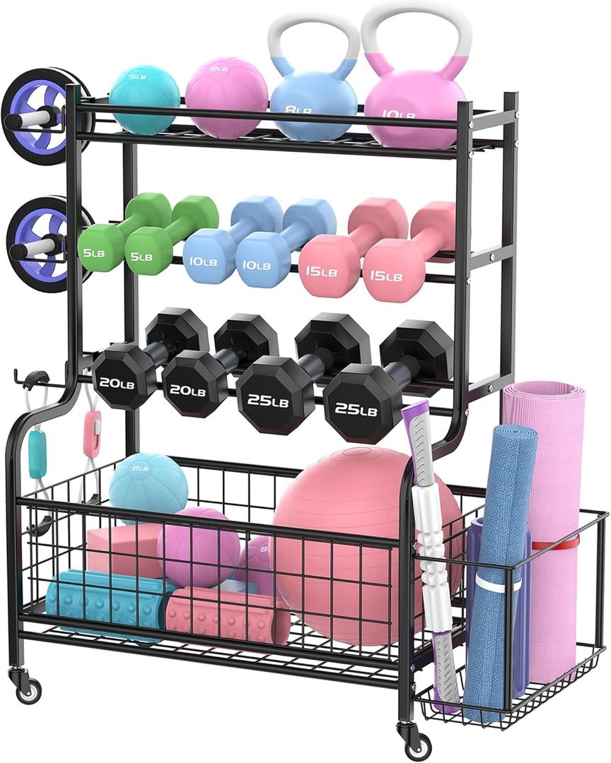 WALMANN Dumbbell Rack Home Gym Weight Rack for Dumbbells, Kettlebells, Foam Rollers, Yoga Mats and Resistance Bands, Workout Gear Organizer With Wheels
