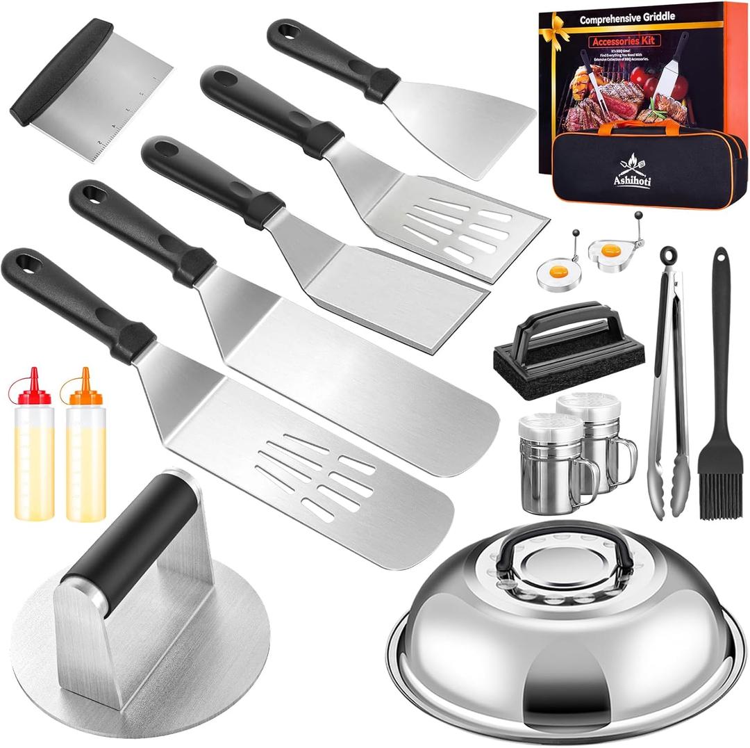 Griddle Accessories for Blackstone with Smashed Burger Press,19Pcs Griddle Accessories kit for Hibachi, Enlarged Grill Spatula, Salt and Pepper Shakers, Grill Black Tools Set