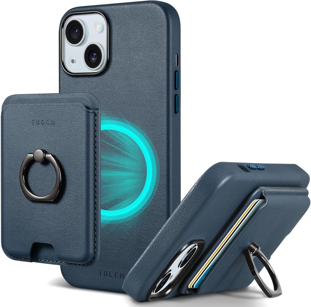 TUCCH Case for iPhone 15 Plus with Detachable Card Wallet, [Magnetic Wireless Charging] Slim RFID Blocking Finger Ring Grip Kickstand, PU Leather Protective Cover Compatible with iPhone 15 Plus, Blue