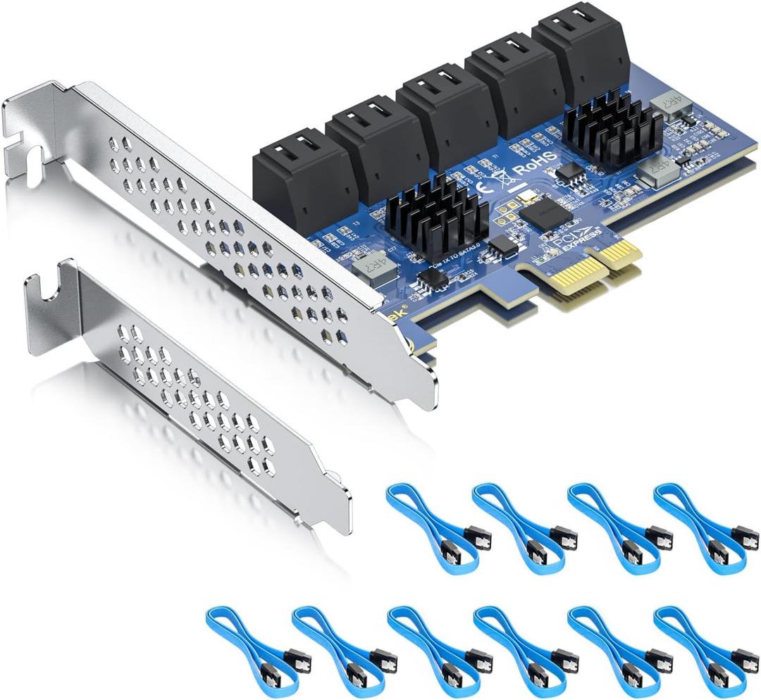 10-Port PCIe SATA 3.0 Expansion Card, x1 Lane with 10 SATA Data Cables, Supports 6Gbps SSD/HDD Storage Upgrade for Desktop PC