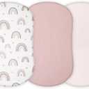 TansyPanda Muslin Halo Bassinet Sheets for BassiNest Luxe Swivel, Soothing, Swivel, Lite, Essential Sleeper, 3 Pack, 33 X 17 Inch, Ultra Soft, Snug Fit, Unisex Boys Girls, Gray White (Pink)